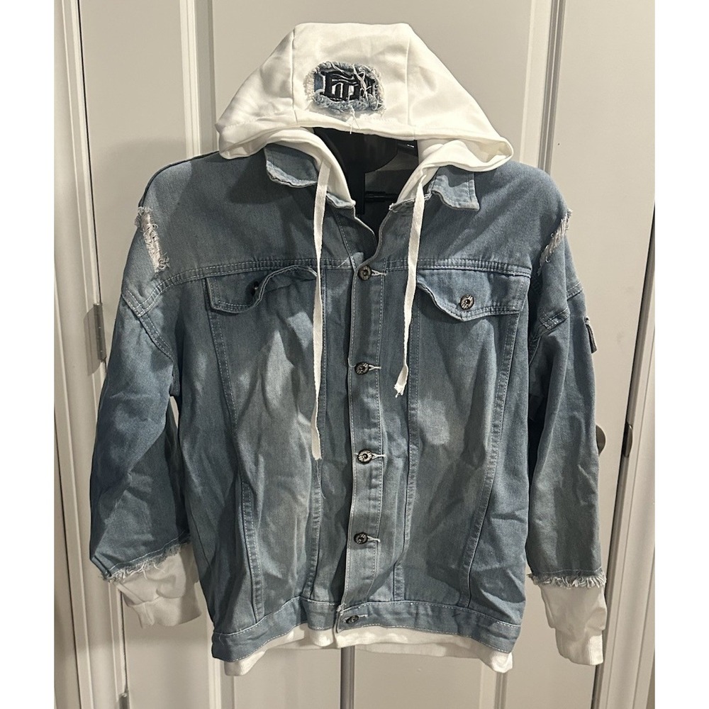BTS Jeans Hoodie Men's Distressed Denim Jacket Kanji Streetwear Blue Large